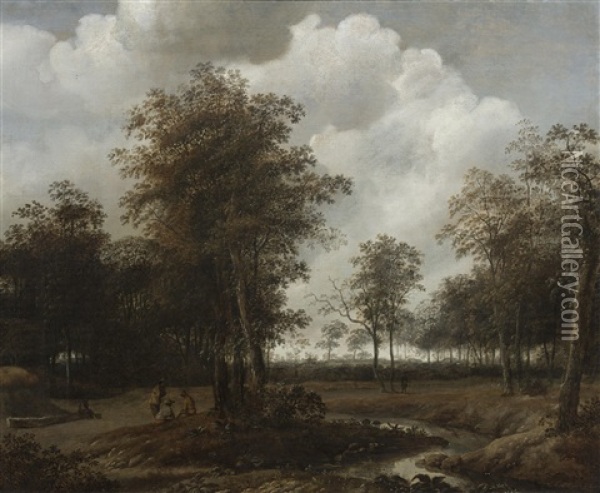 A Wooded Landscape With Figures Resting Near A Track Oil Painting - Jacob van Ruysdael