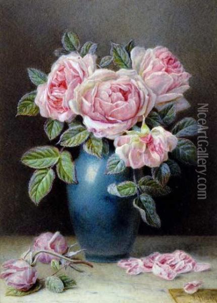 Still Life Study Of Roses Oil Painting - William B. Hough
