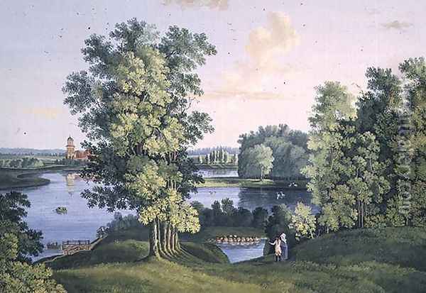 View of the island from the large lake in the park at Tsarskoye Selo, 1777 Oil Painting - Semen Fedorovich Shchedrin