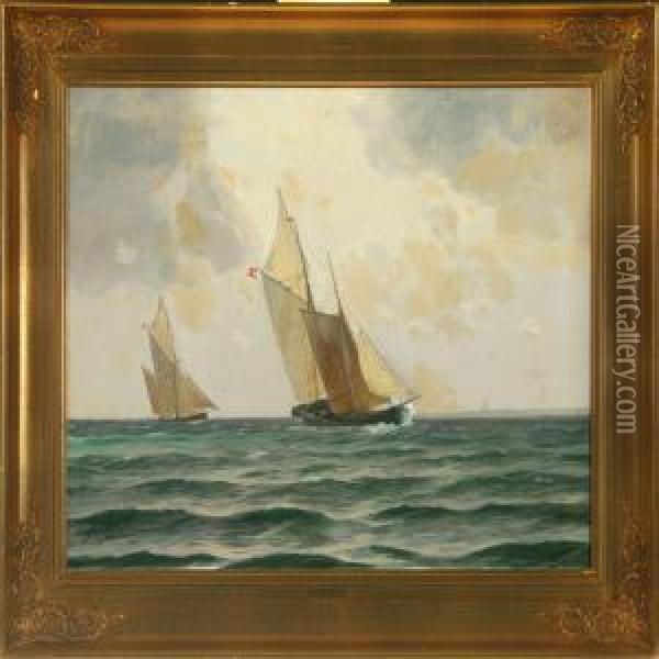 Seascape With Sailing Ships Oil Painting - Alfred Theodor Olsen