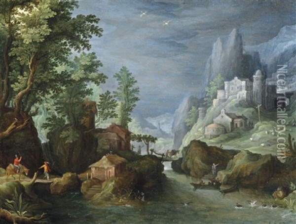 A Mountainous River Landscape With Travelers Crossing A Bridge, A Town On The Mountainside To The Right Oil Painting - Paul Bril