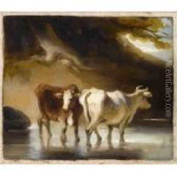Cattle Fording A River Oil Painting - George Chinnery