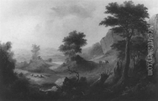 Idyllische Landschaft Mit Weidenden Kuhen Und Schafen Oil Painting - Karl Heffner