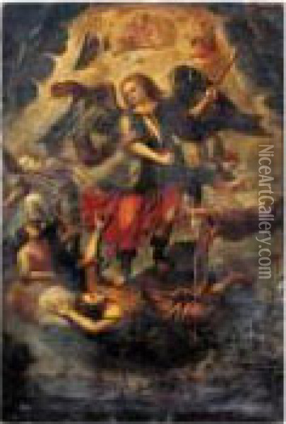 L'ange Gabriel Terrassant Les Damnes Du Jugement Dernier Oil Painting - Cristobal Ramirez