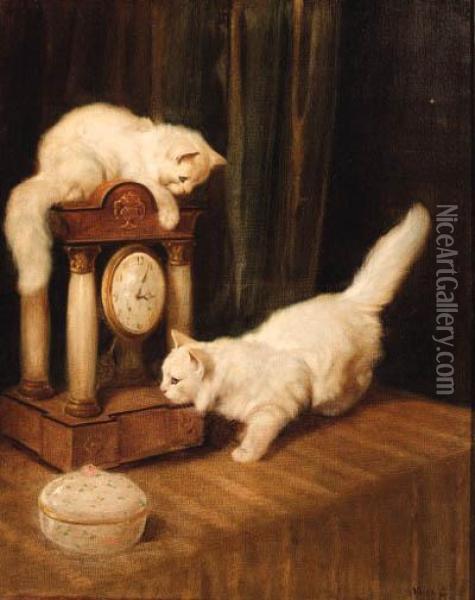 Two Persian Cats With A Clock On A Table Oil Painting - Arthur Heyer