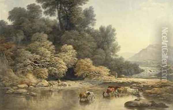 Hilly landscape with River and Cattle Oil Painting - John Glover