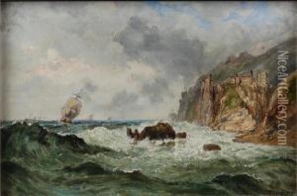 Shipping Off A Rocky Coast Oil Painting - J. Mundell