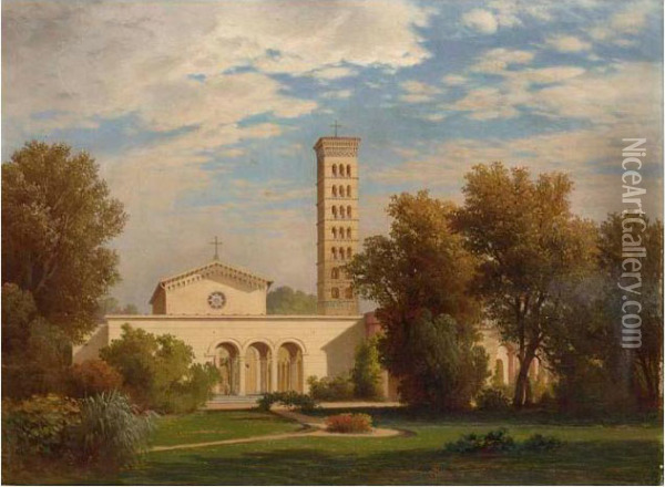 View Of A Church With Its Surrounding Gardens Oil Painting - Louis, Carl Ludwig Douzette