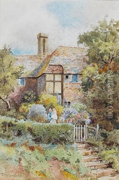 A Mother And Child In A Cottage Garden Oil Painting - Thomas Nicholson Tyndale