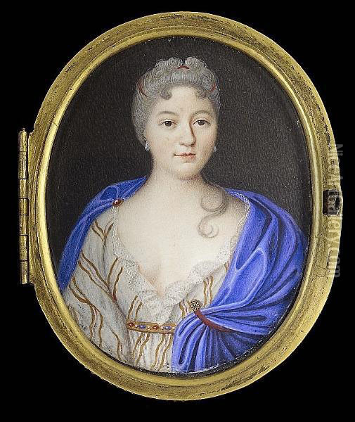 A Lady, Wearing White Dress With Gold Stripes, White Lace Underslip, Jewelled Gold Belt And Ultramarine Cloak Pinned At Her Right Shoulder With Ruby Brooch And Held At Her Left Breast With Red Ribbon Oil Painting - Perpete Evrard