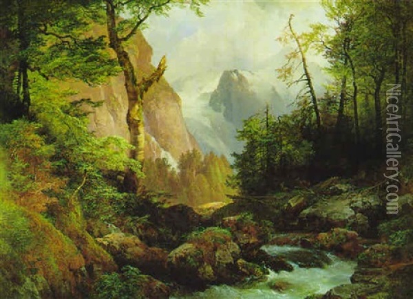 Rehwild Am Bachufer, Im Hintergrund Das Dachsteinmassiv Oil Painting - Anton Hansch