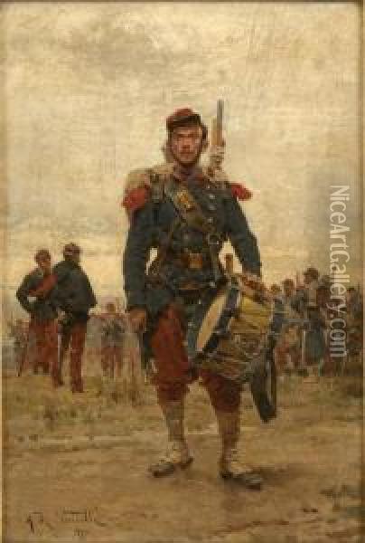 Portrait Of A French Infantry Soldier Holding A Drum Oil Painting - Alphonse Marie de Neuville