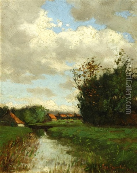 Farms In A Polder Landscape Oil Painting - Geo Poggenbeek