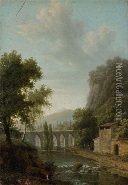 Paysage De Riviere Au Pied D'une Montagne Oil Painting - Jean Victor Bertin