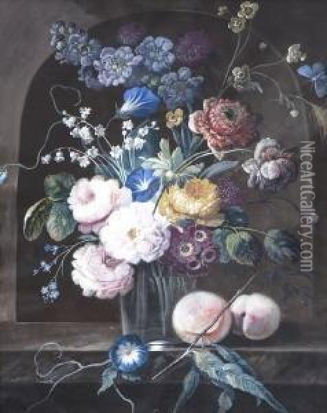 Blumenstraus In Glasvase Und
 Pfirsiche Vor Steinnische. Oil Painting - Joseph Fischer