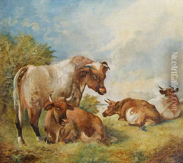 Cattle In A Summer Landscape Oil Painting - William Huggins