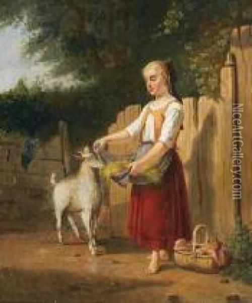 Country Girl Feeding A Goat Oil Painting - F. Reilbel