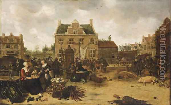 A market scene in a town square Oil Painting - Sybrand Van Beest