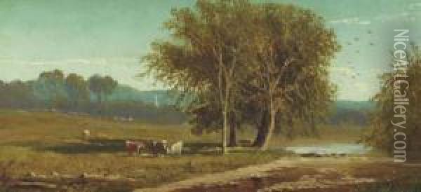 Landscape With Cattle By A Stream Oil Painting - Clinton Loveridge