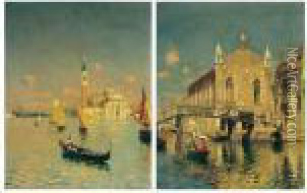 Campo Della Misericordia And S.giorgio Maggiore, Venezia, A Pair Oil Painting - Rubens Santoro