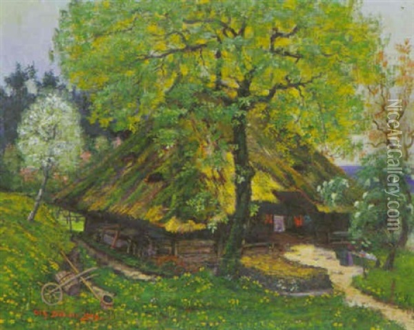 Bauernhaus Zwischen Bluhenden Baumen Oil Painting - Johann Othmar Doebeli