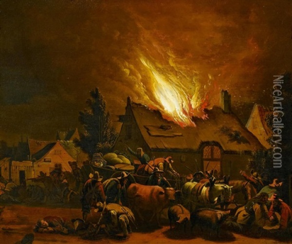 Brennender Bauernhof Oil Painting - Egbert Lievensz van der Poel