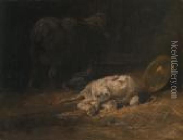 L'agneau Et La Brebis A L'etable Oil Painting - Charles Emile Jacque