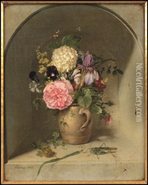 Still Life With Jar, Flowers, Fig & Grasshopper Oil Painting - Johann Wilhelm Preyer