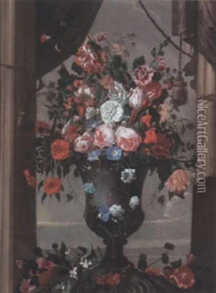 Still Life Of Flowers In Urn Framed By Draped Curtains Oil Painting - Pieter Hardime
