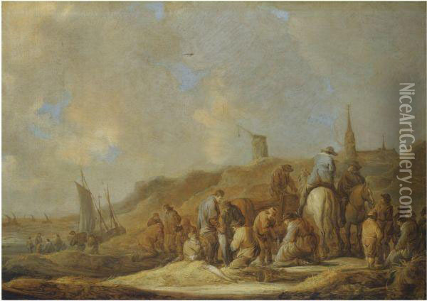 A Coastal Scene With Fishermen And Their Catch In The Sanddunes Oil Painting - Benjamin Gerritsz. Cuyp