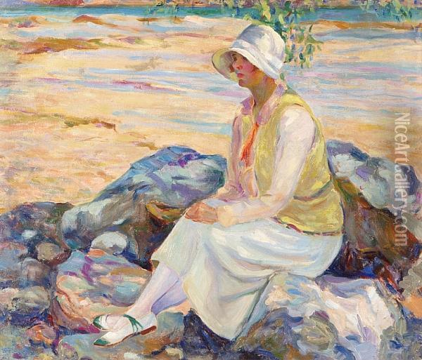 Woman Sitting Beside A Stream Oil Painting - Jean Mannheim