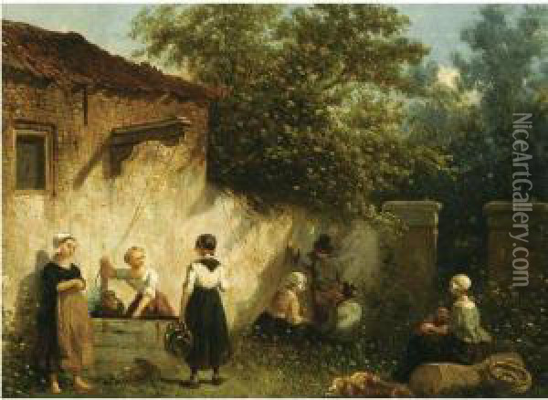 Washerwomen In A Yard Oil Painting - Salomon Leonardus Verveer