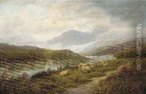 Sheep by the edge of a river in a Highland landscape Oil Painting - John Morris