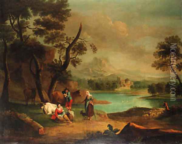 A drover with cattle and a traveller resting in a river landscape Oil Painting - Jan Van Der Bent