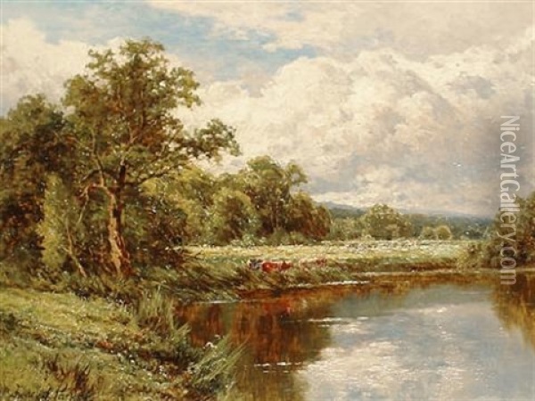 Cattle Feeding Beside A River Oil Painting - Henry H. Parker