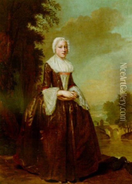 A Portrait Of A Lady, Wearing A Brown Dress With A Lace Chemise, In A Park Landscape Oil Painting - Jan Stolker