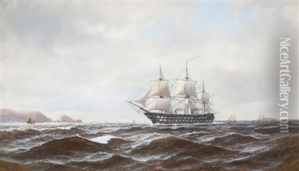 A Danish Ship Of The Line Along A Rocky Coastline Oil Painting - Carl Ludwig Bille