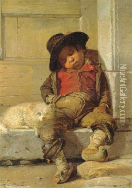 Lille Italienerdreng Der Er Faldet I Sovn Pa En Trappesten Oil Painting - Auguste Johan Frederik Carl Lorange