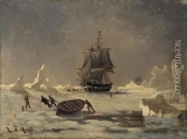Whalers Breaking Through The Ice Oil Painting - Eduardo de Martino