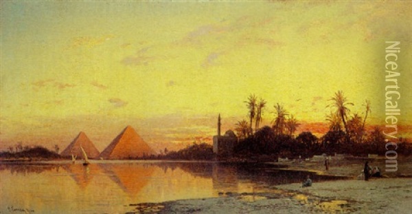 Sunset Over The Pyramids Oil Painting - Hermann David Salomon Corrodi