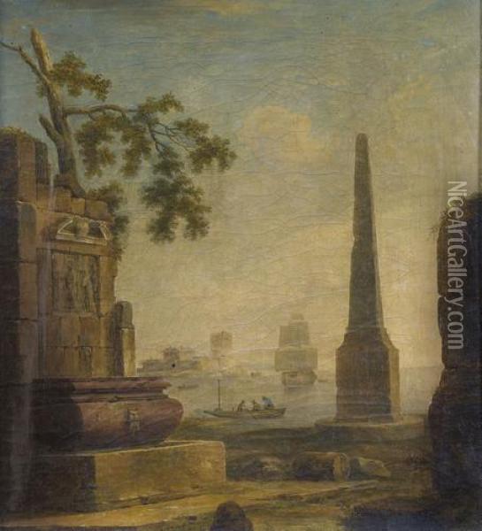Kustenpartie Mit Ruinen Und Obelist. Oil Painting - Claude-joseph Vernet