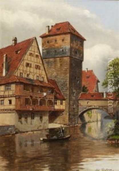 Blick Auf Den Henkersteg In Nurnberg Oil Painting - August Fischer