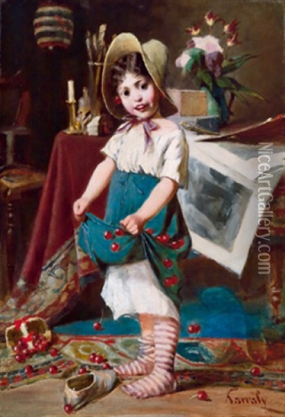 Das Kirschenmadchen Im Atelier (+ Das Kleine Madchen; 2 Works) Oil Painting - Mor Karvaly