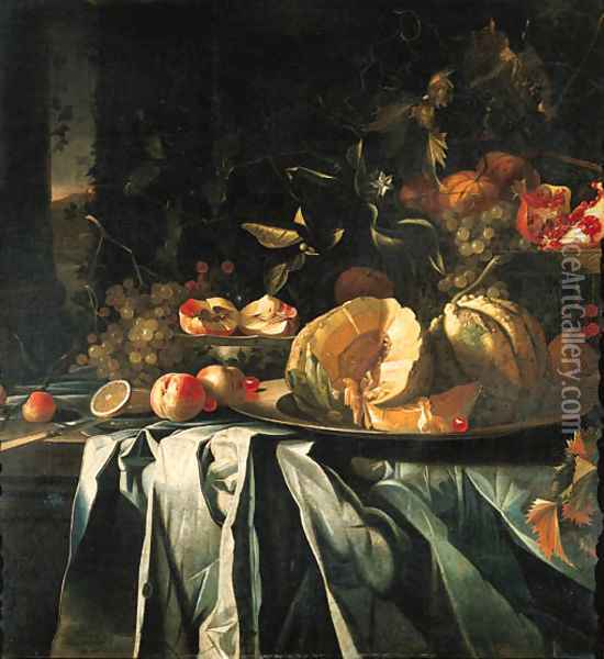 Melons and cherries on a silver platter Oil Painting - Dutch School