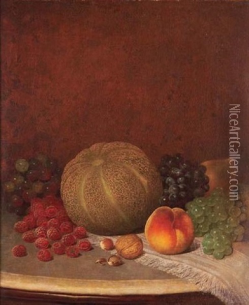 Still Life With Melon, Grapes, Peach, Pear And Nuts Oil Painting - William Mason Brown