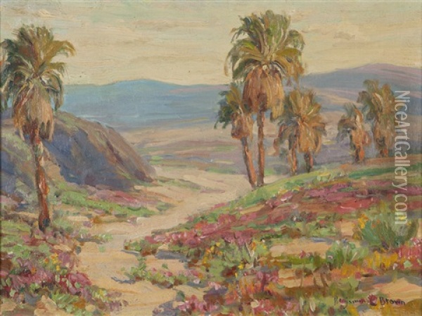 Palm Trees In A Blooming Desert Landscape Oil Painting - Benjamin Chambers Brown
