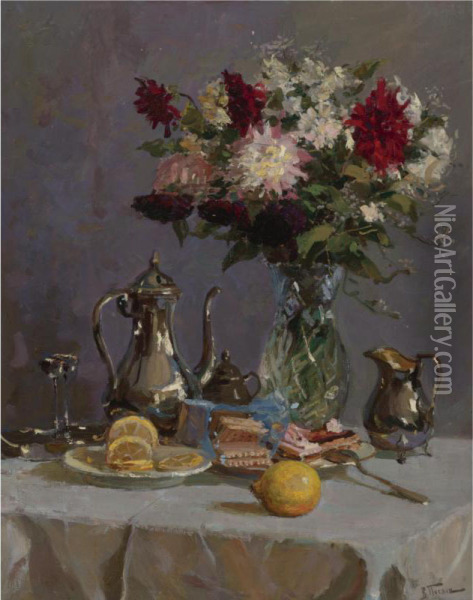 Still Life With Teapot And Flowers Oil Painting - Vladimir Nikolaevich Fedorovich