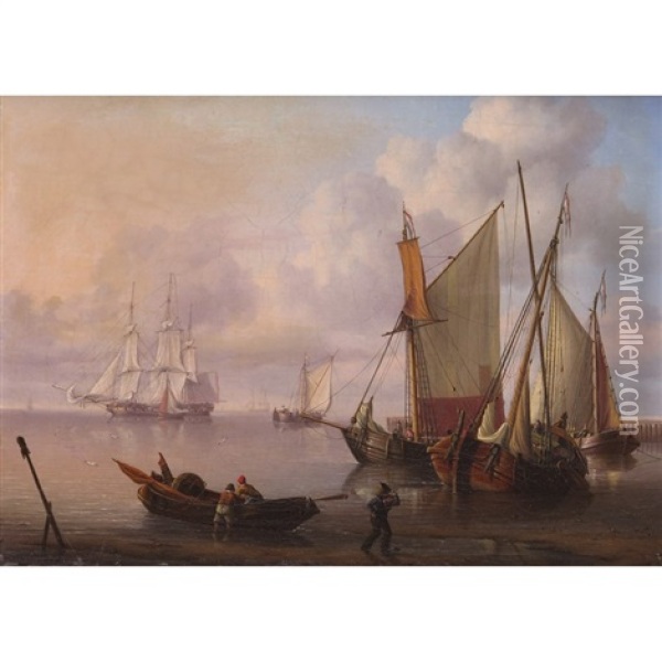 Ships At Anchor In Calm Seas By A Jetty Oil Painting - Charles Martin Powell