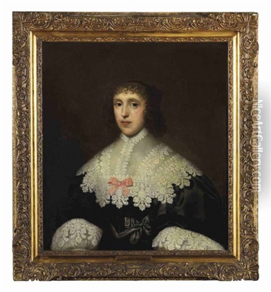 Portrait Of A Lady In A Black Dress With A Lace Collar And Cuffs Oil Painting - Cornelis Jonson Van Ceulen