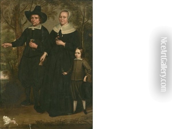 A Portrait Of A Burgher Family In A Landscape Oil Painting - Godaert Kamper